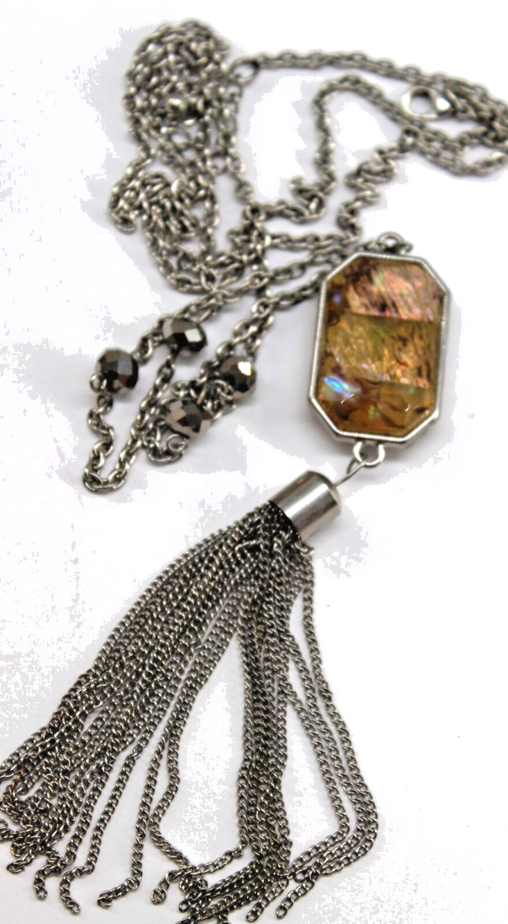 Vtg 42" Flapper Necklace Pendant Tassel Beads Silvertone Iridescent Art Glass
